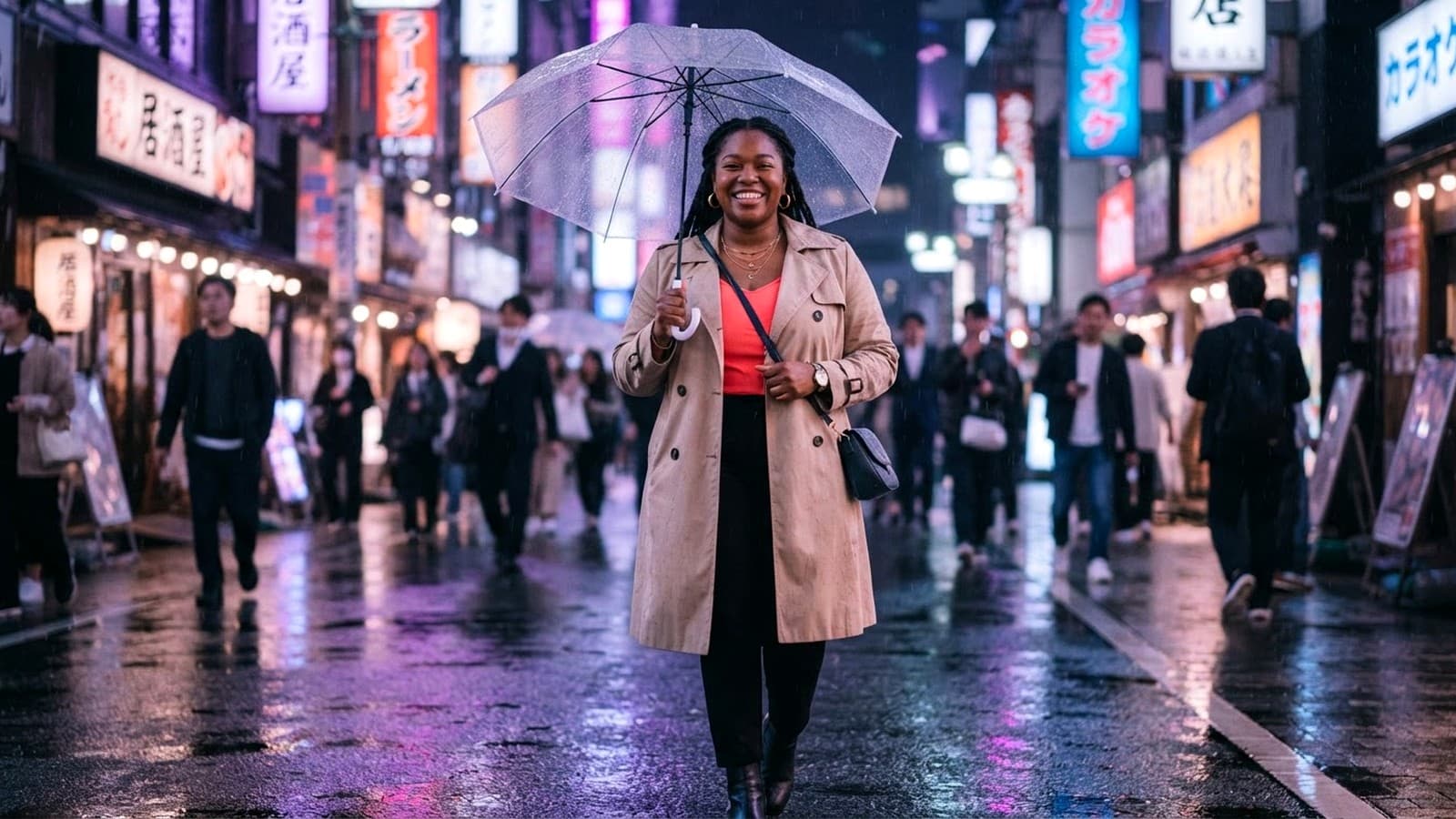 A confident woman smiling under neon lights on a rainy city night