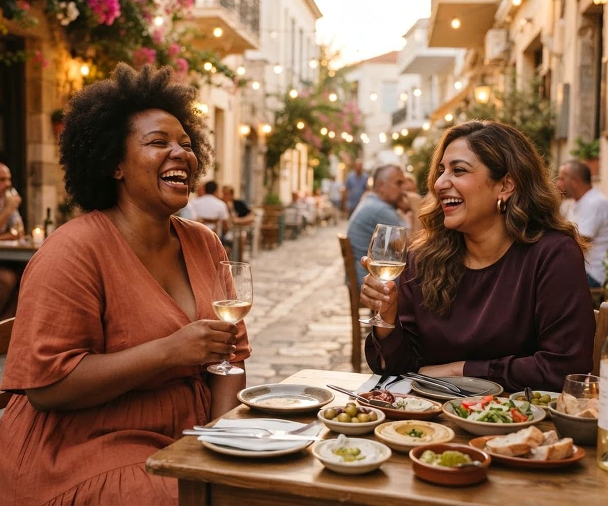 Two friends laughing together at an outdoor cafe on a sunlit street