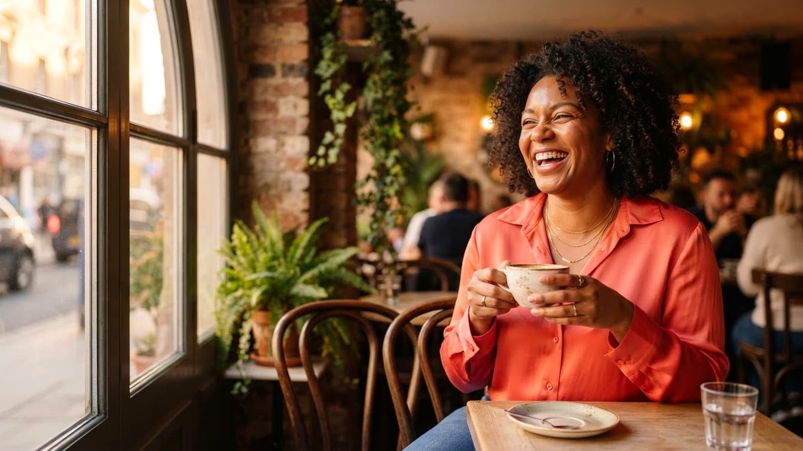A joyful plus-size woman laughing over coffee in a sunlit cafe